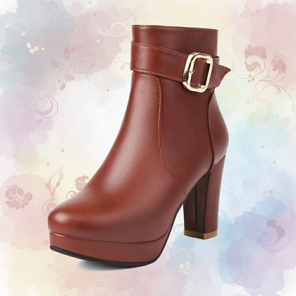 Damen-Ankle-Boots, hohe Absätze und trendige Schnalle, rot und schwarz,