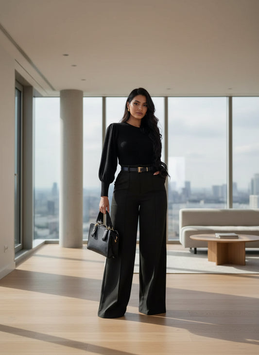 Elegante, einfarbige Damenhose mit hohem Bund, weitem Bein und lässigem Schnitt.