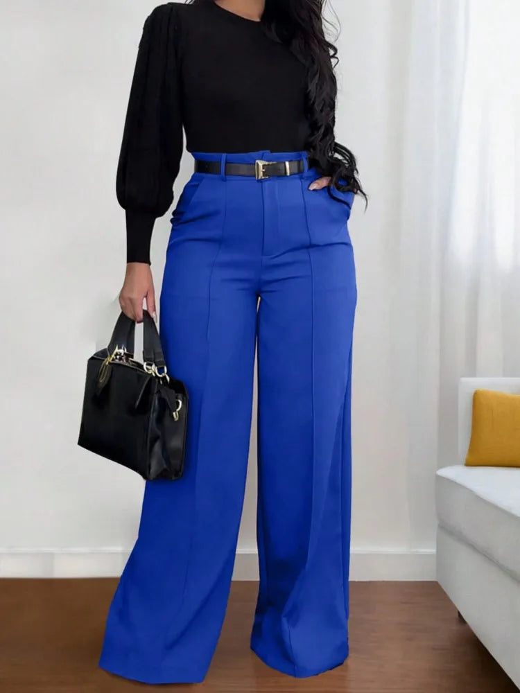 Mode solide pantalon pour femmes élégant taille haute jambe large pantalons longs dame décontracté