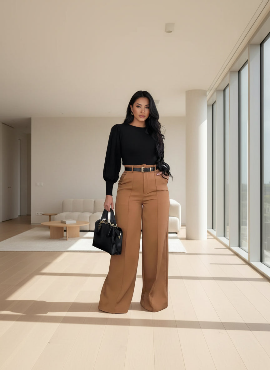 Mode solide pantalon pour femmes élégant taille haute jambe large pantalons longs dame décontracté