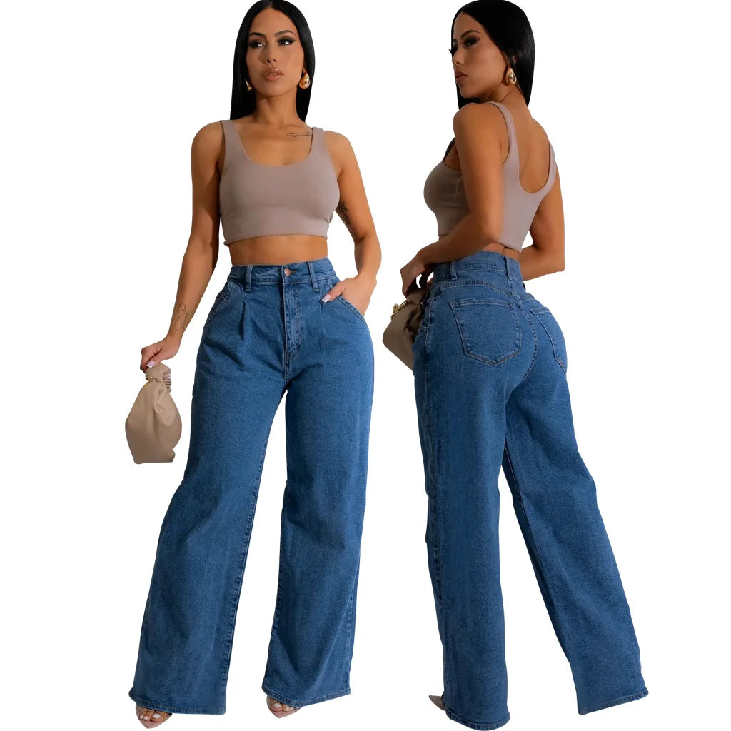 Jean femme, pantalon long en denim, jambes larges, coupe slim, style streetwear décontracté Y2K, poches boutonnées, taille haute, élégant, coupe droite