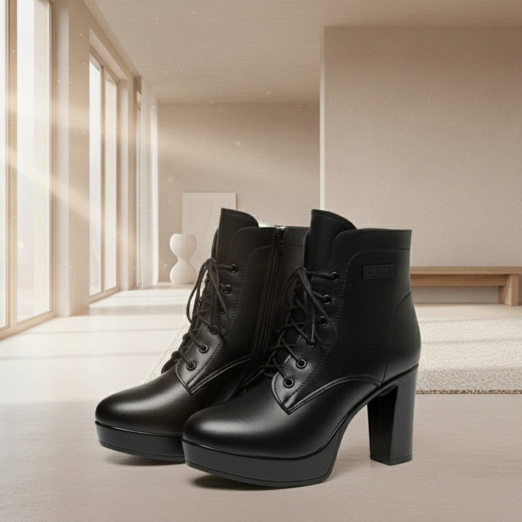 Bottines pour femmes, en cuir véritable chaudes, à talons hauts, style hiver