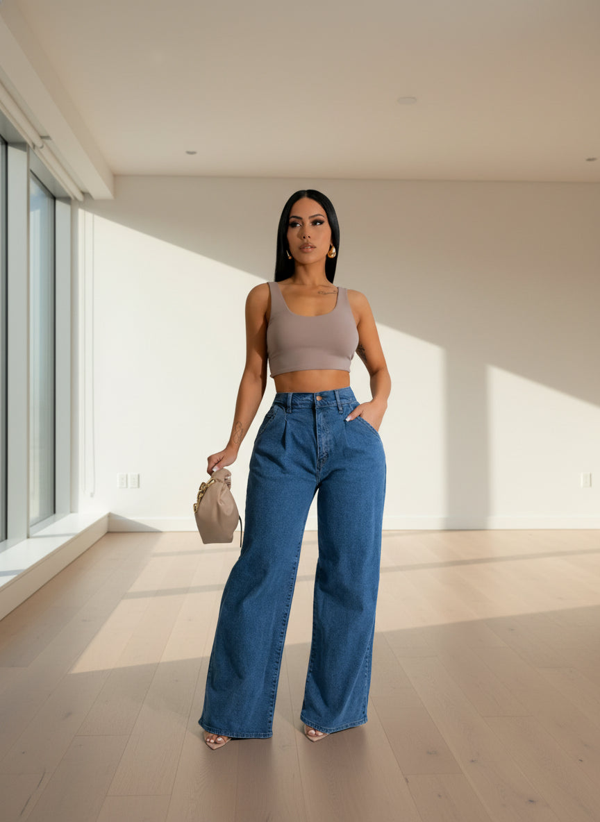 Damenjeans, weites Bein, schmale Passform