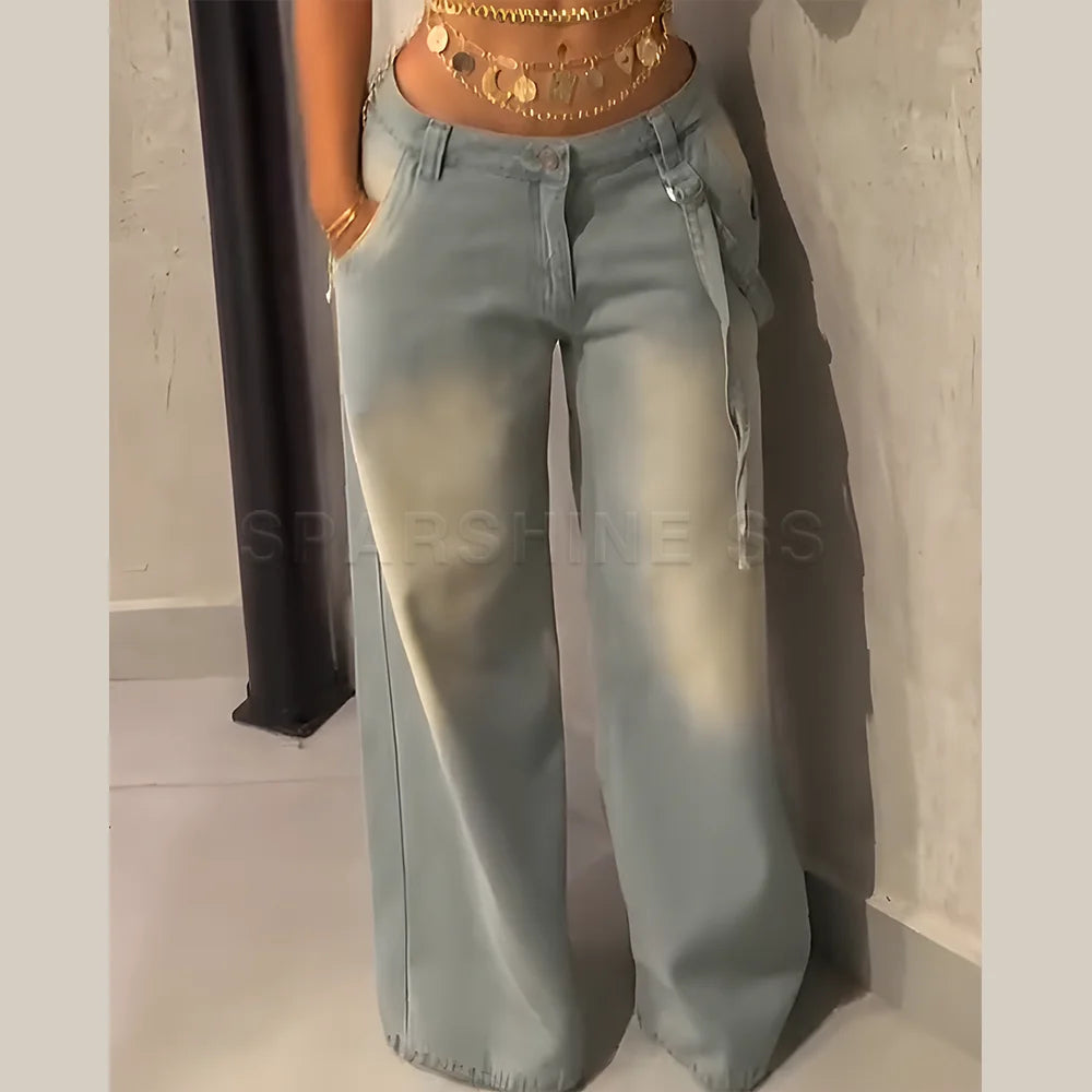Jeans femme, pantalon droit, denim vintage délavé, taille mi-haute, coupe ample, jambes larges, pantalon long en denim, style streetwear 2025
